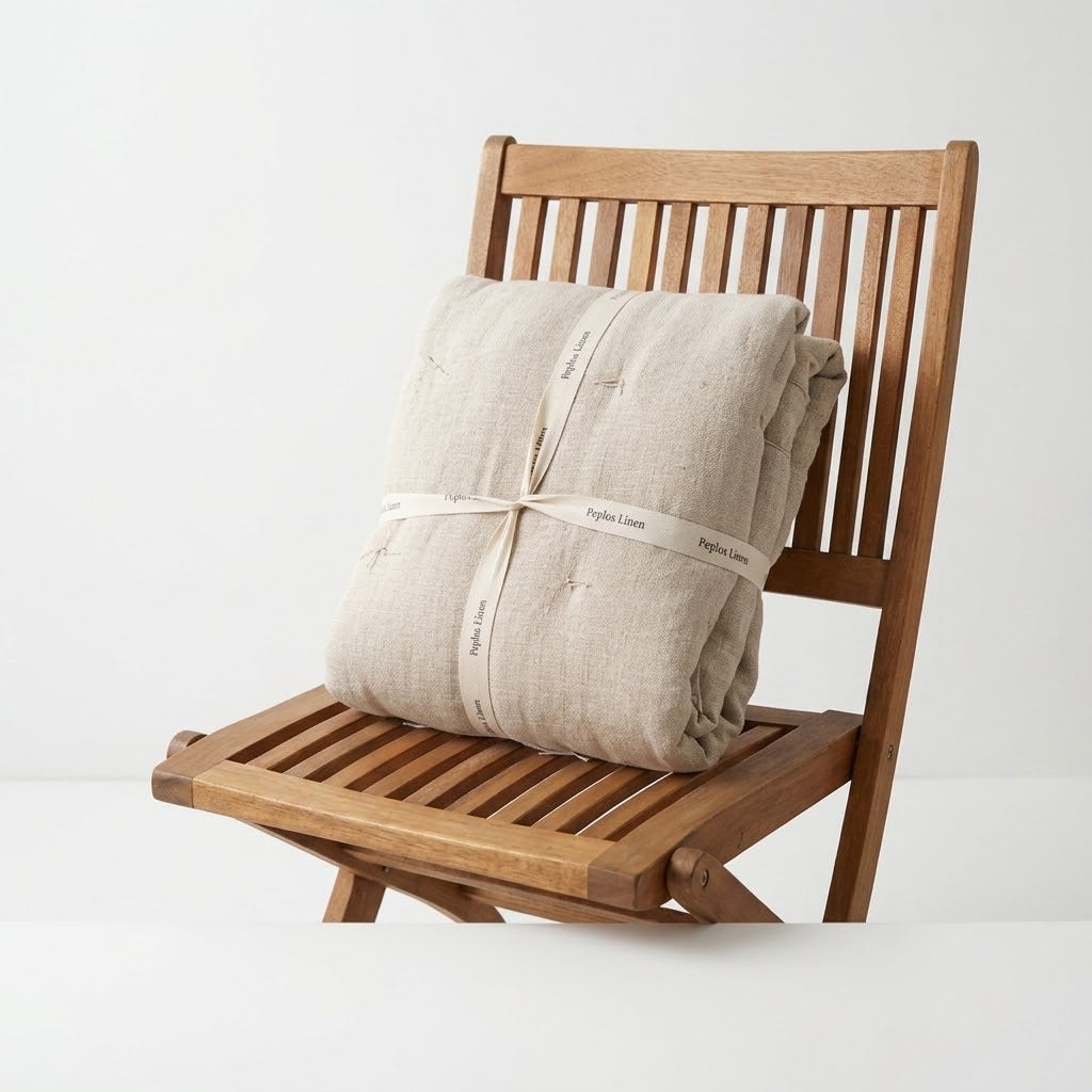 Folded natural color thick linen blanket on a wooden folding chair with the name Peplos Linen written on a ribbon
