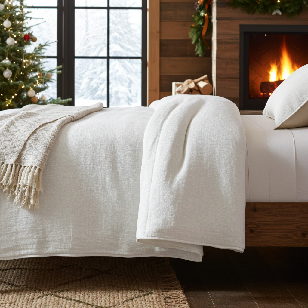 close up of a linen quilt on a bed with a fire place and christmas tree in the background