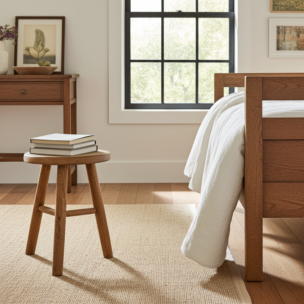 Thick linen blanket on wooden bed frame with stool and books next to it