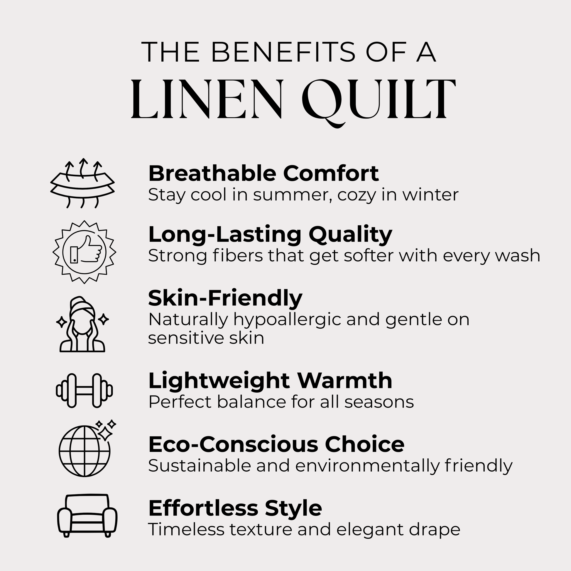 List of benefits of a linen quilt with icons and text on a white background