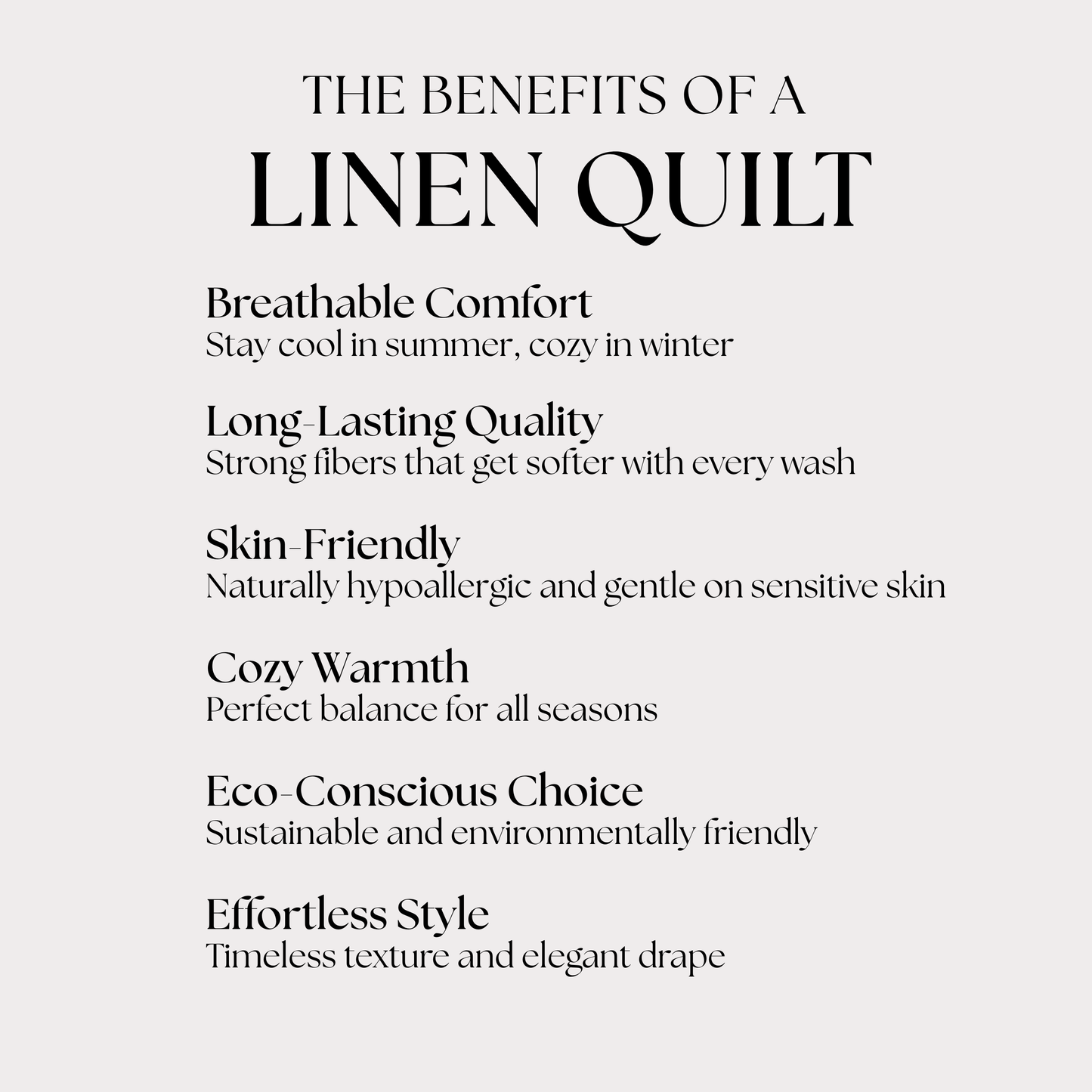 List of benefits of a linen quilt on a white background