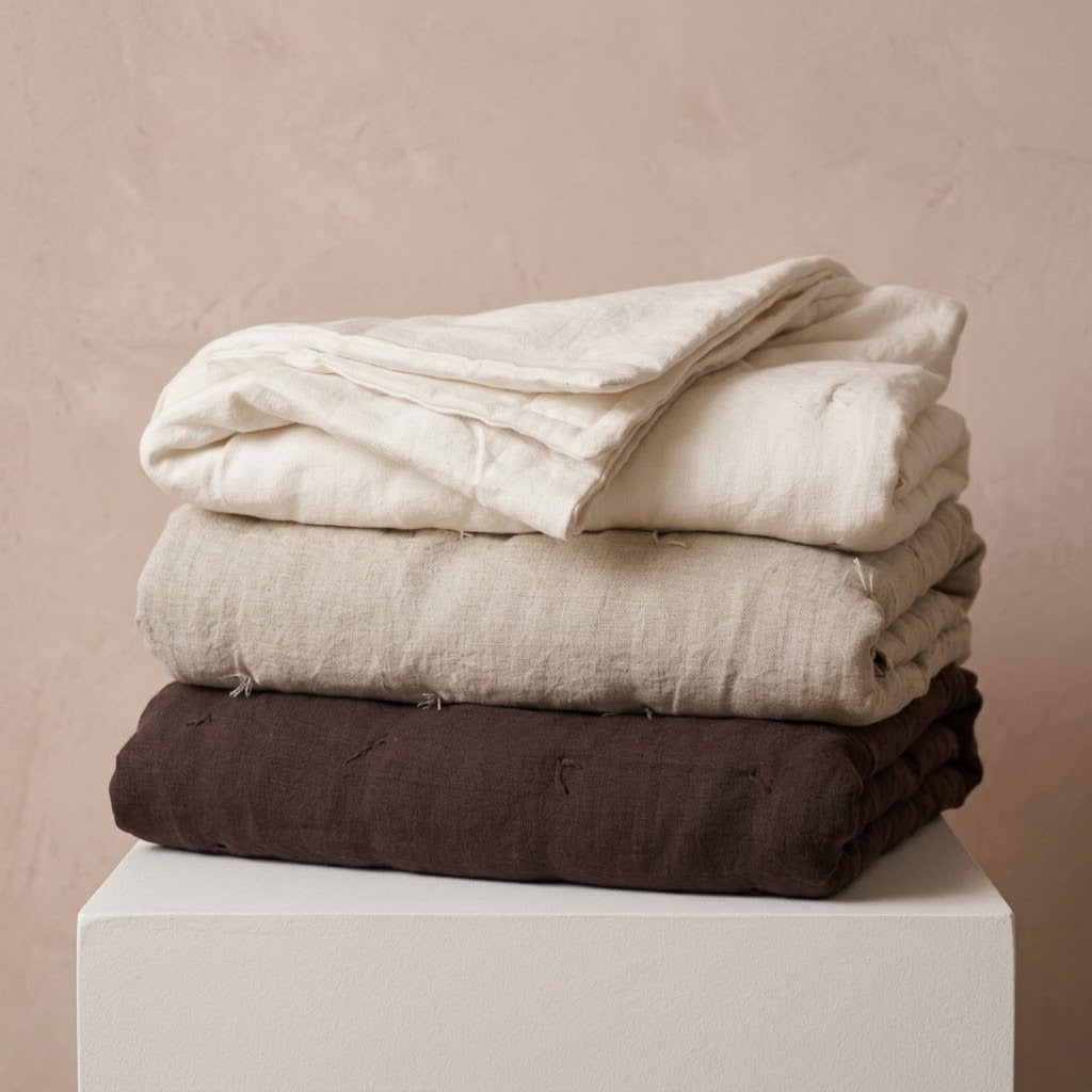 Three folded linen quilts off-white, light beige, and dark brown stacked on a white pedestal against a soft blush-beige wall