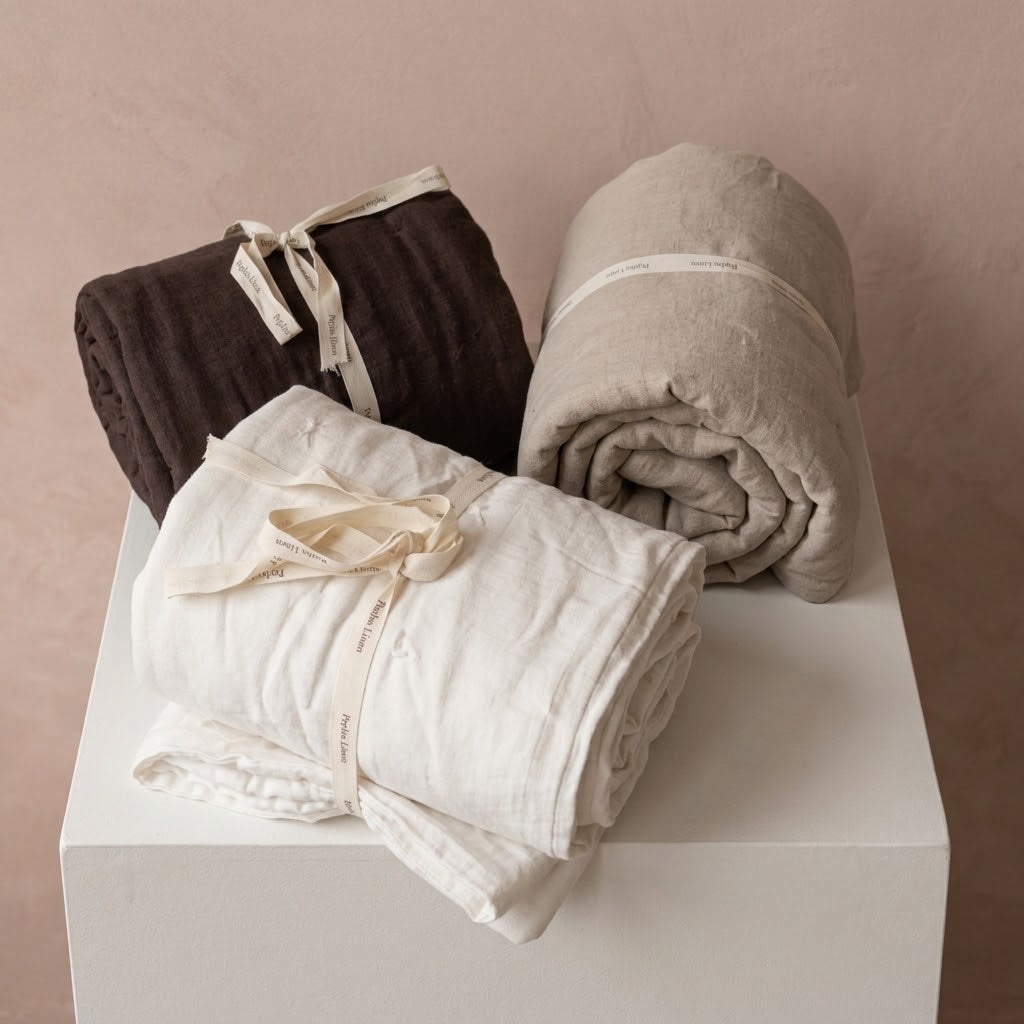 Three linen quilts in ivory, natural, and chocolate, folded and rolled on a white pedestal and tied with cream Peplos Linen ribbons.