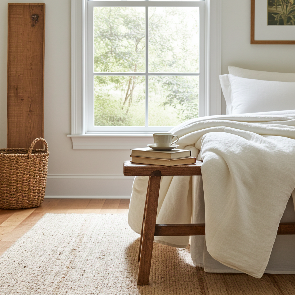 A close up image of the corner of a wooden sofa with a linen quilt on top